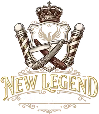 New Legend Barbershop logo: a crowned shield with a phoenix, crossed straight razor and two barber poles above the words New Legend Barbershop, 2026