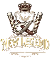 New Legend Barbershop logo: a crowned shield with a phoenix, crossed straight razor and two barber poles above the words New Legend Barbershop, 2026